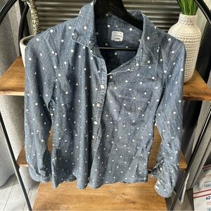 J Crew Chambray Button-Up Top with white polka dots. Women’s Size Small